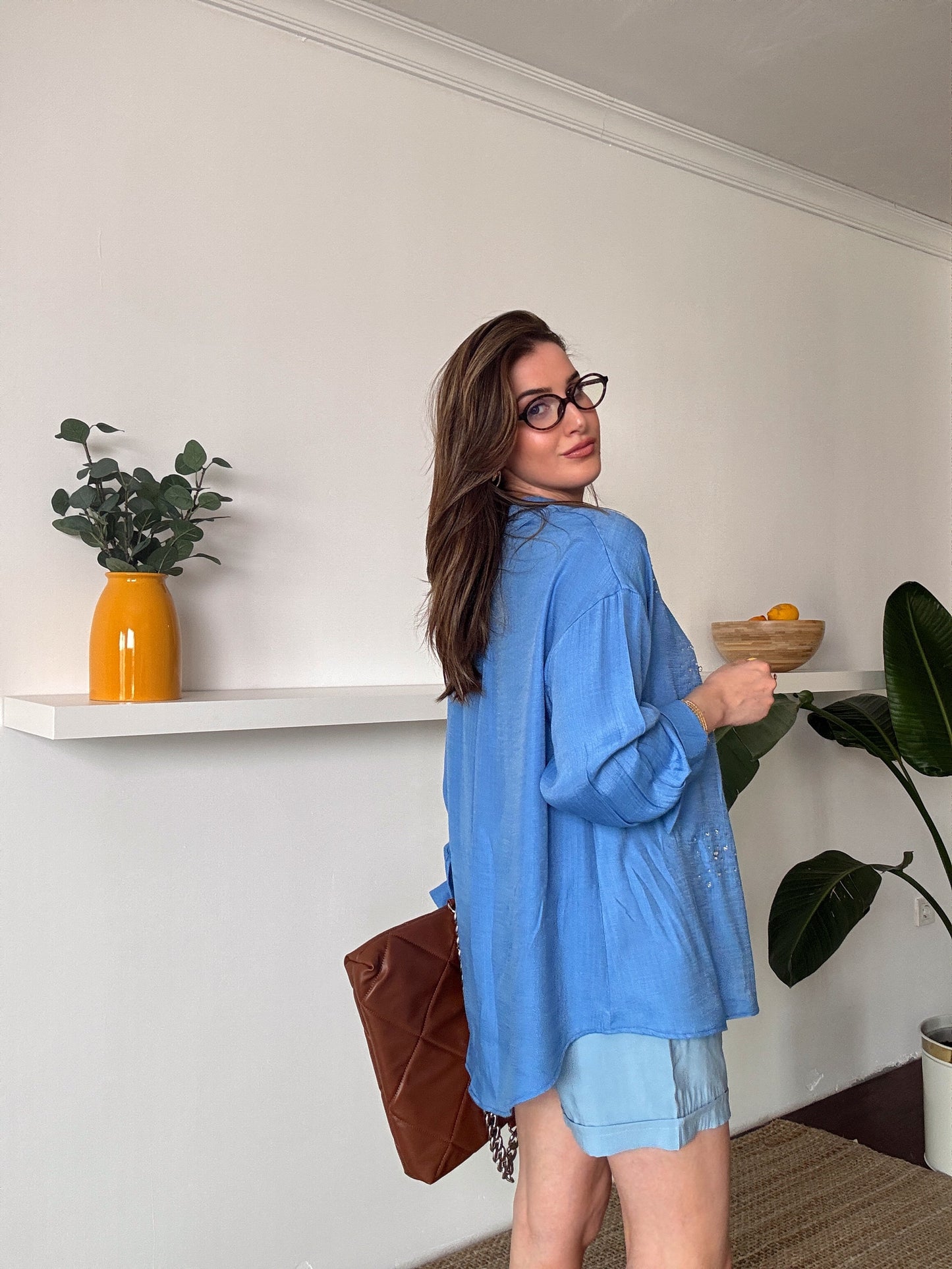 DİANA taş detaylı KETEN gömlek MAVİ