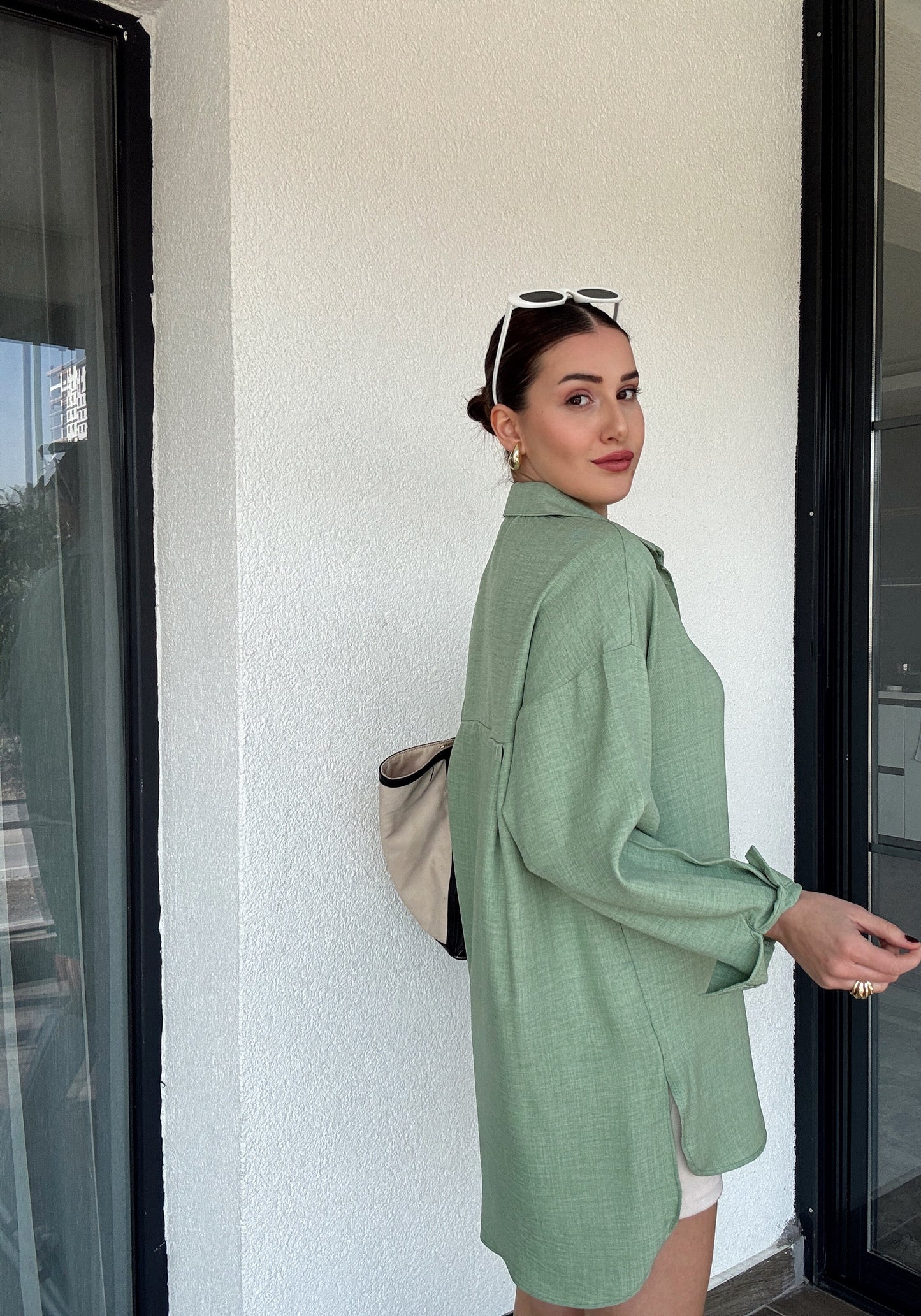 Arka Çift Pens Oversize Keten Gömlek YEŞİL