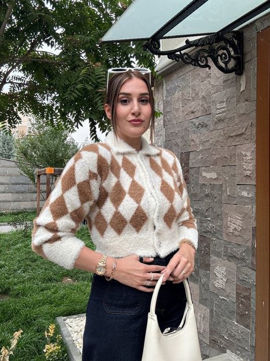 Baklava Desen Premium Sakal Hırka - CAMEL