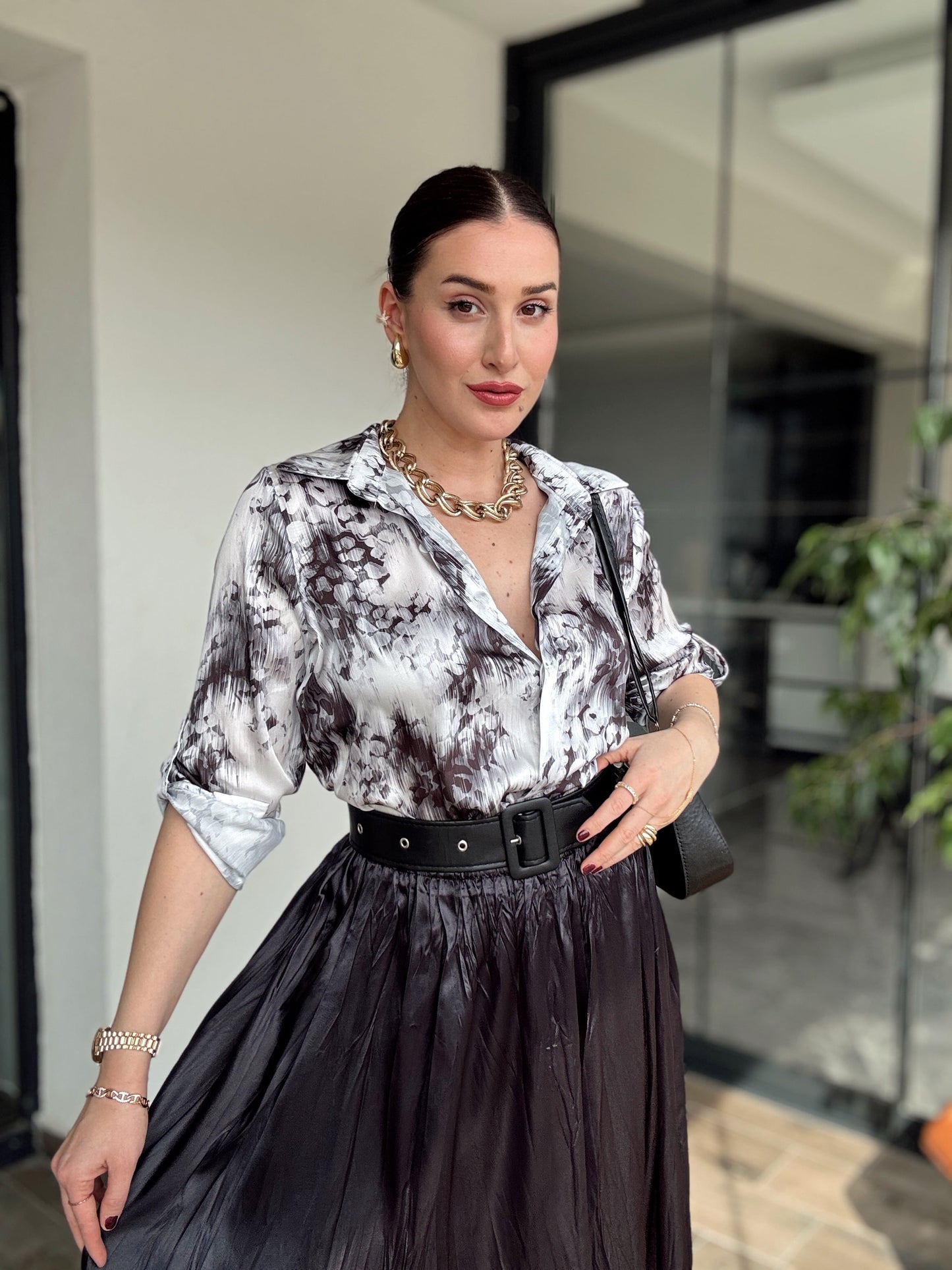 Crush kumaş beli lastikli Etek - SİYAH
