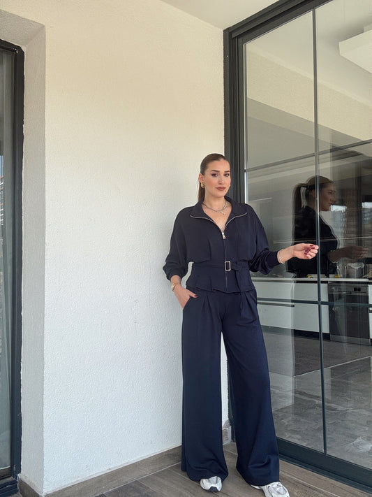 Modal kumaş dik yaka etek pileli ceket pantolon takım-LACİVERT