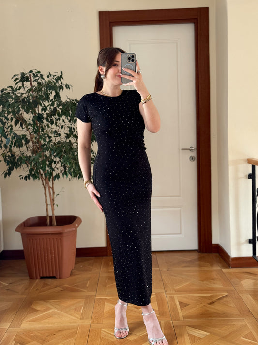 Vatkalı Taşlı Kısa Kol Elbise-SİYAH