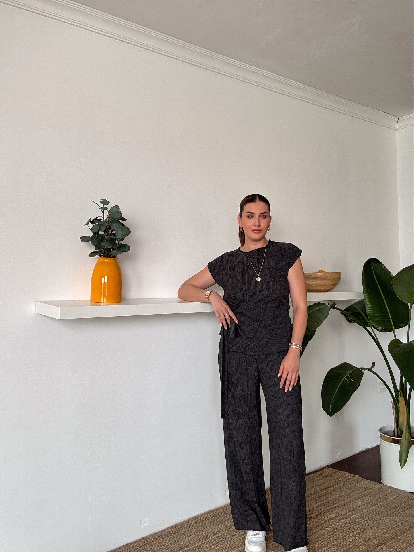 Bağlama detaylı bluz pantolon ikili takım FÜME