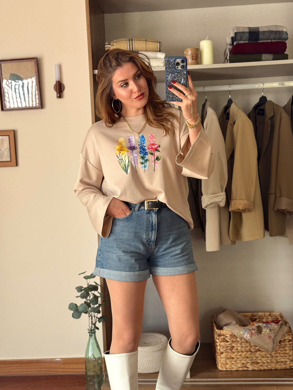 Çiçek desenli modal sweat Camel