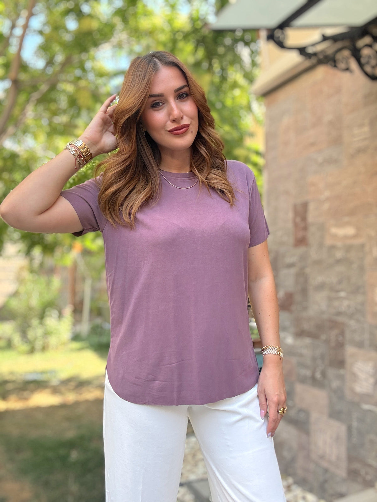 Tensel kumaş yırtmaçlı oversize tişört gül kurusu