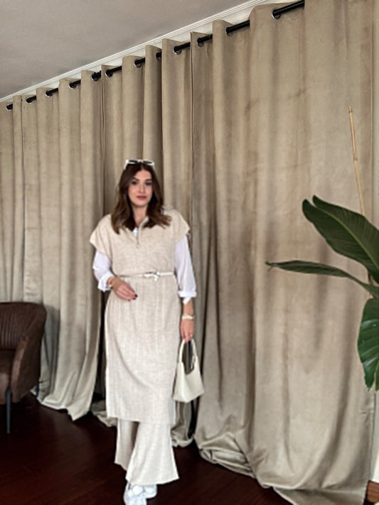 Süveterli Fitilli Triko Takım - LATTE