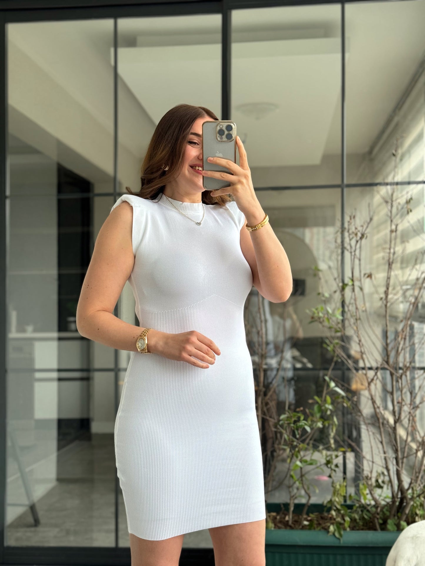 Vatkalı Premium Triko Elbise - BEYAZ