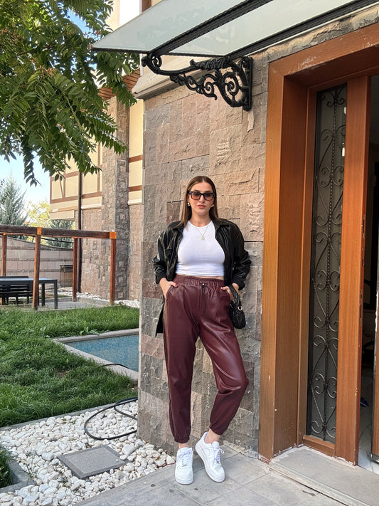 Paça Lastikli Deri Pantolon - BORDO