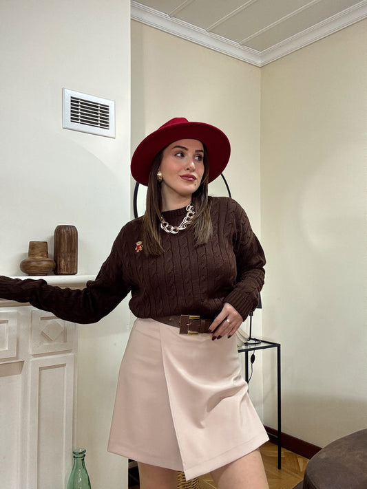 Saç örgü küçük ayıcık işlemeli kazak-KAHVERENGİ