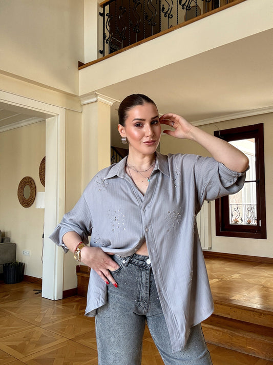 Keten kumaş taşlı oversize gömlek GRİ