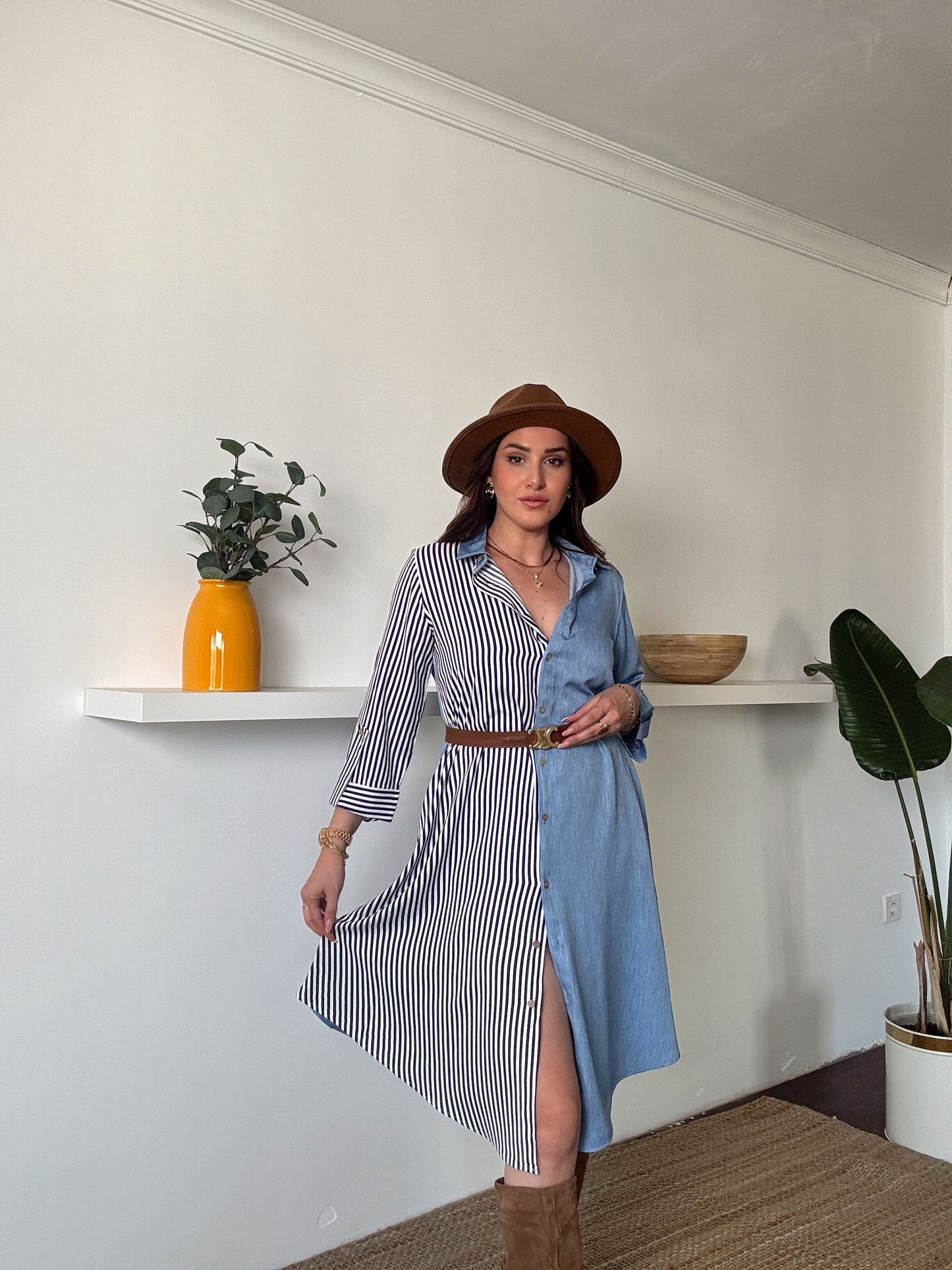 Çizgili tensel denim görünümlü elbise AÇIK MAVİ