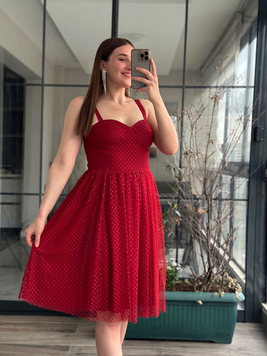 Puantiye Desenli Abiye - KIRMIZI