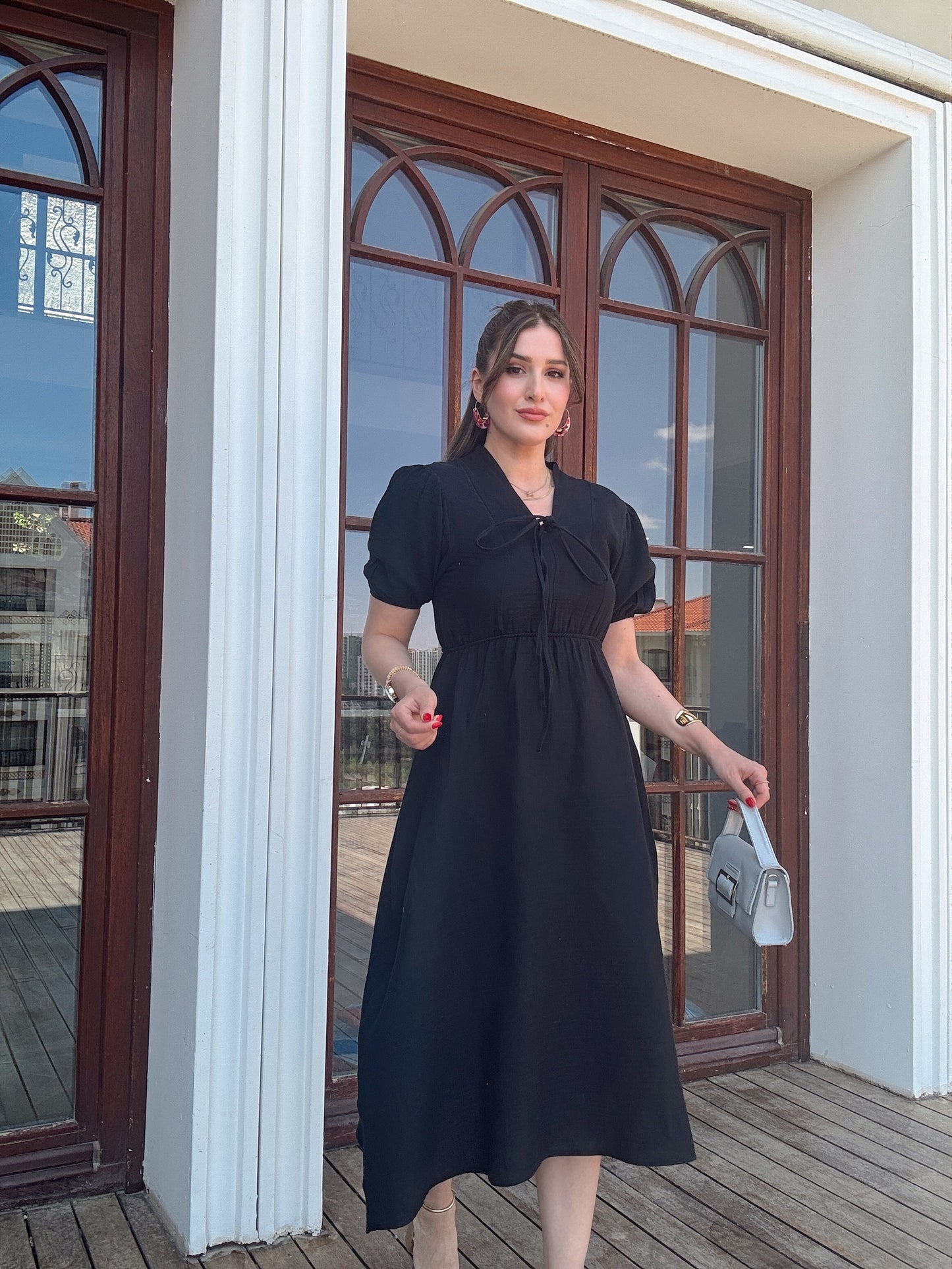 Bel büzgü detaylı müslin elbise SİYAH