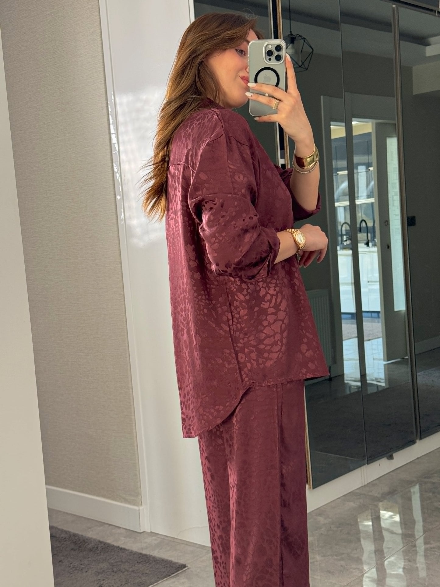 Leopar desenli İkili Takım Bordo