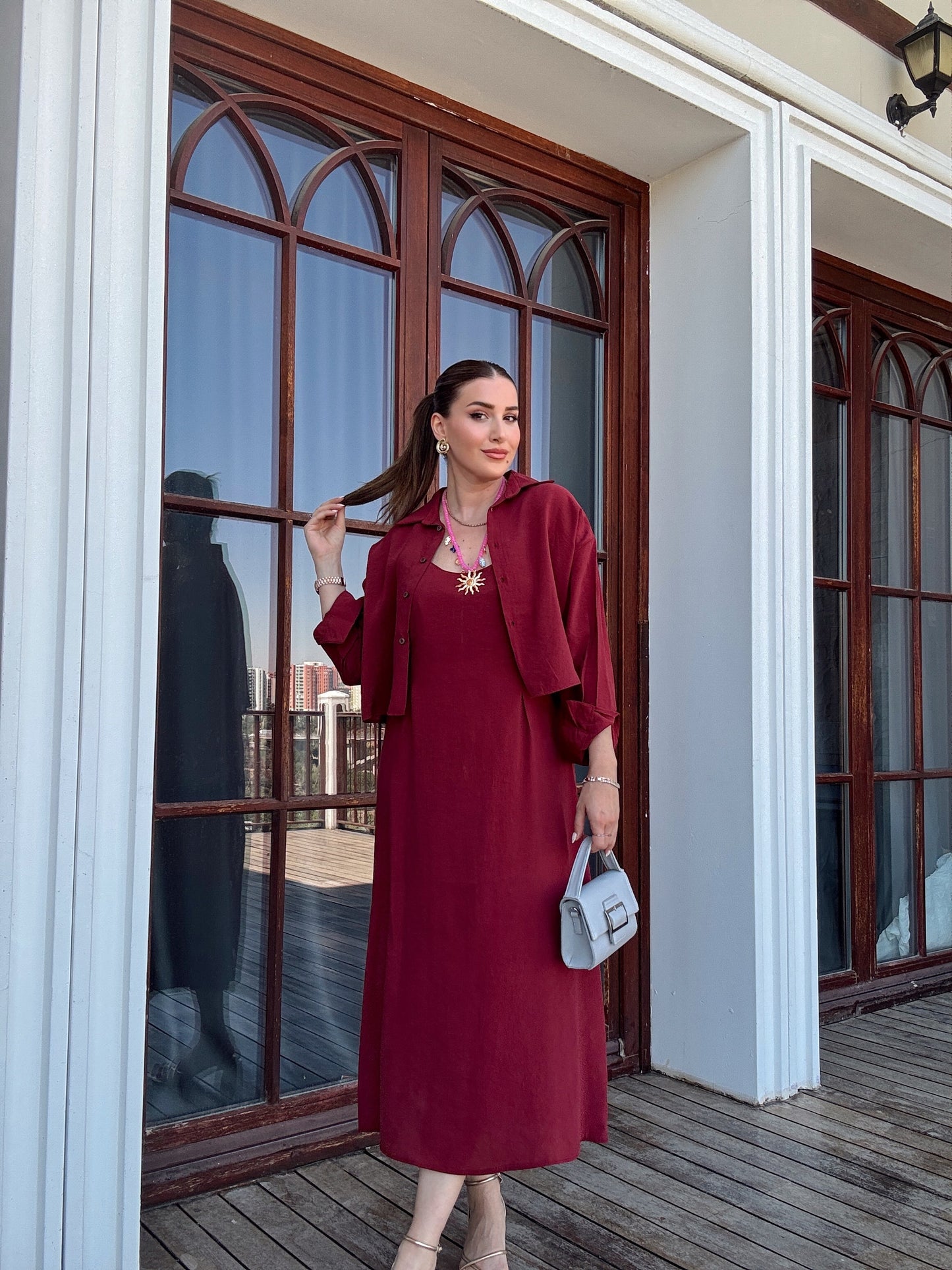 LİZBON gömlek elbiseli ikili takım BORDO