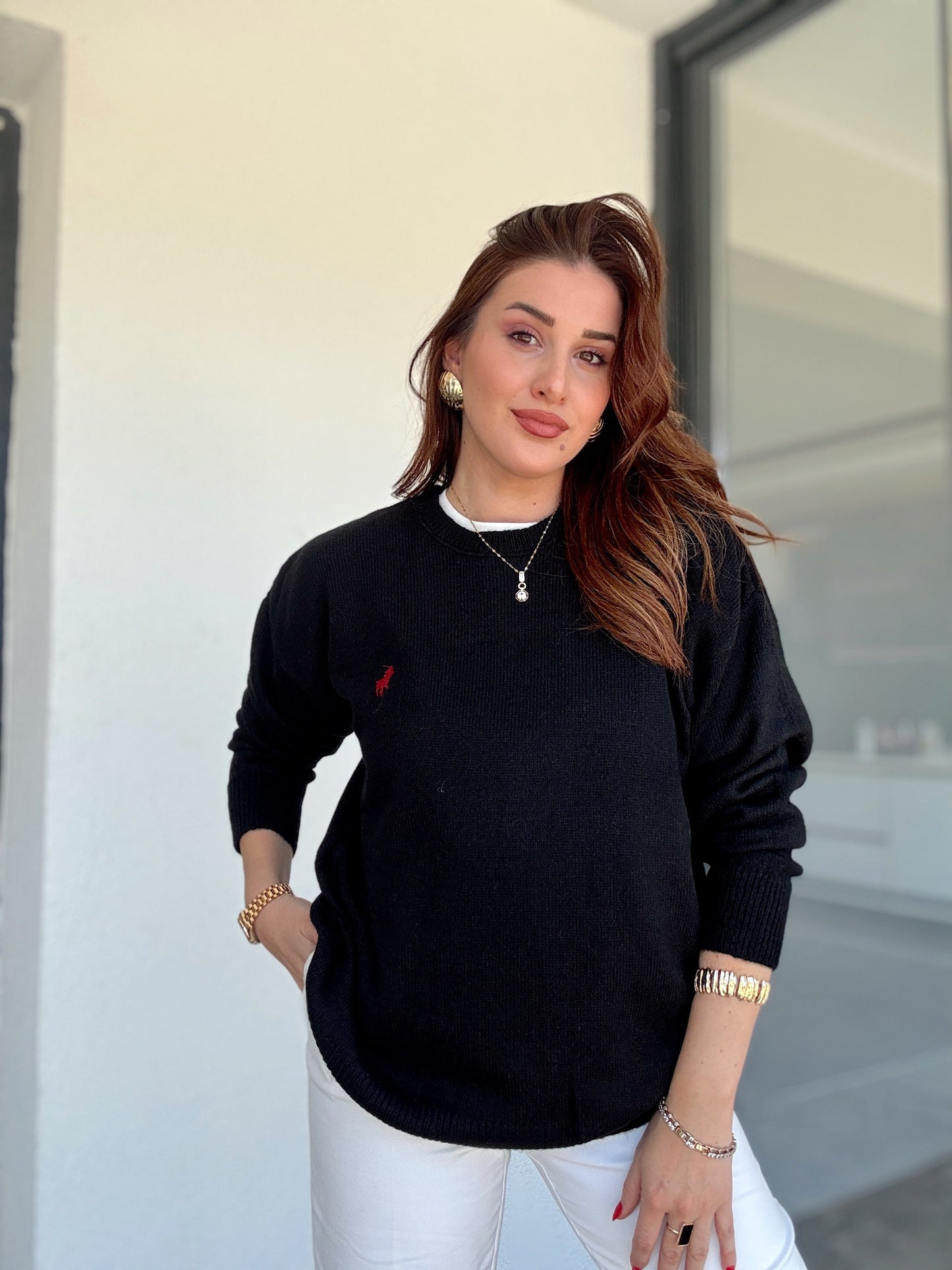 Nakışlı Oversize Triko Kazak Siyah