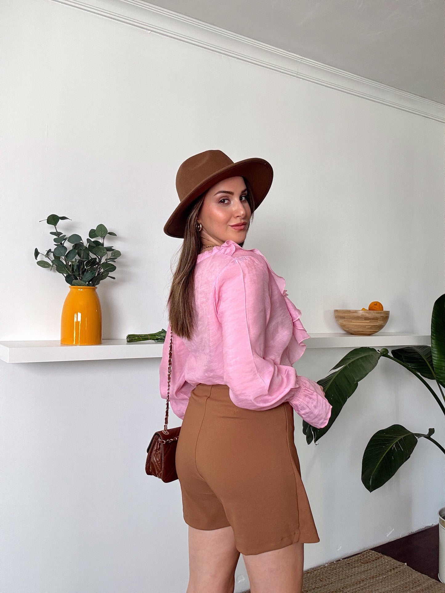 Yüksek bel şort etek Camel
