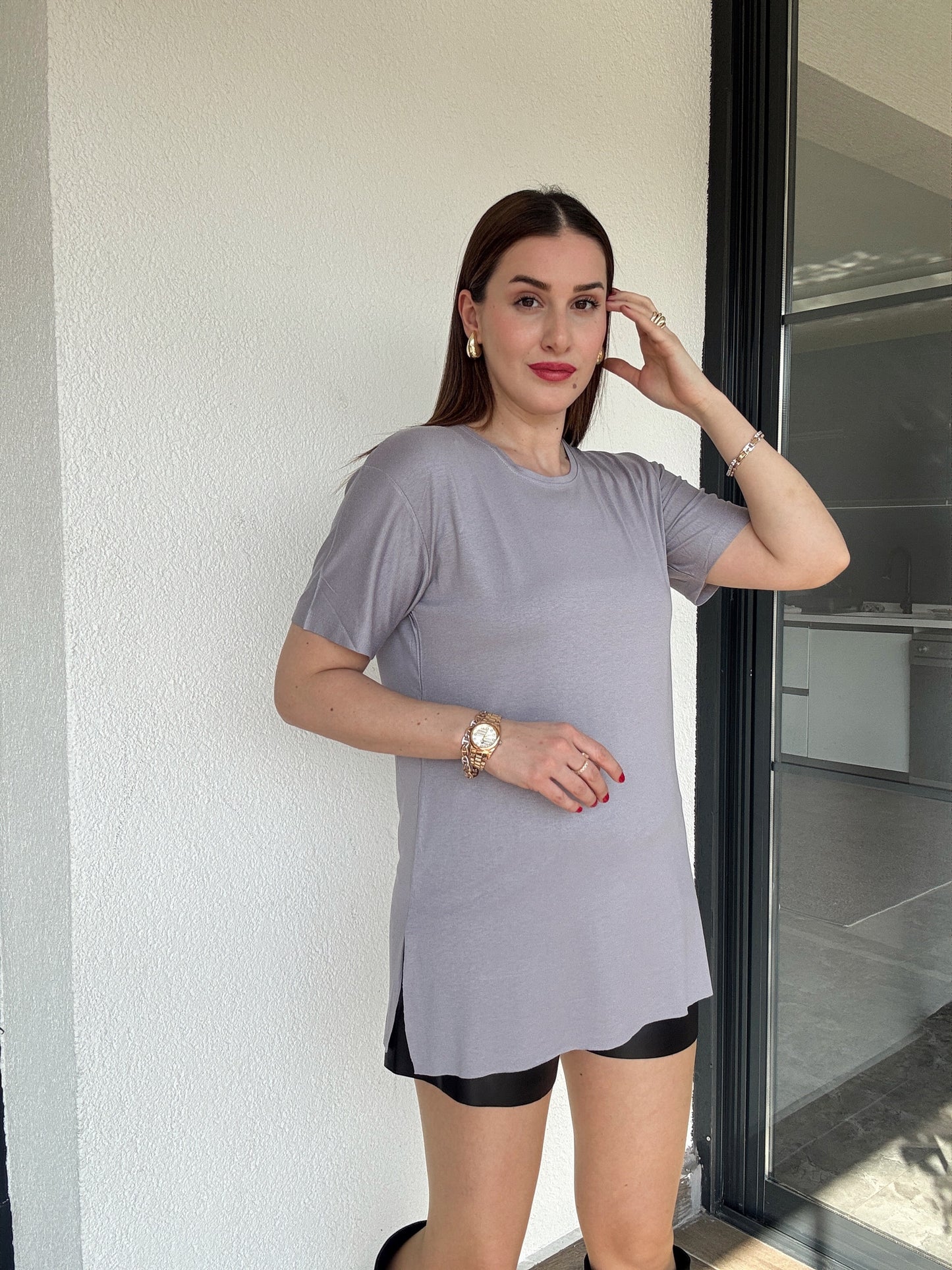 Viskon Sıfır Yaka Kısa Kol Tişört - GRİ