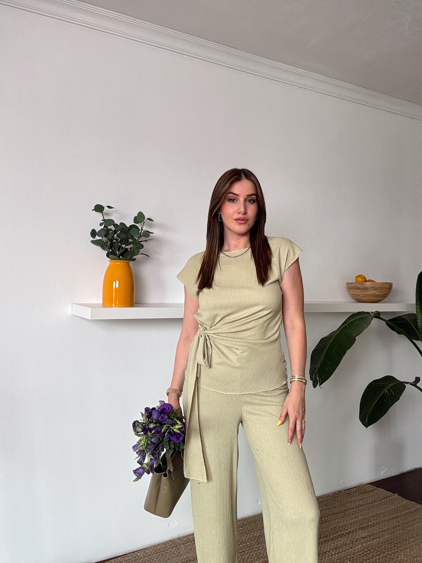 Bağlama detaylı bluz pantolon ikili takım Mint