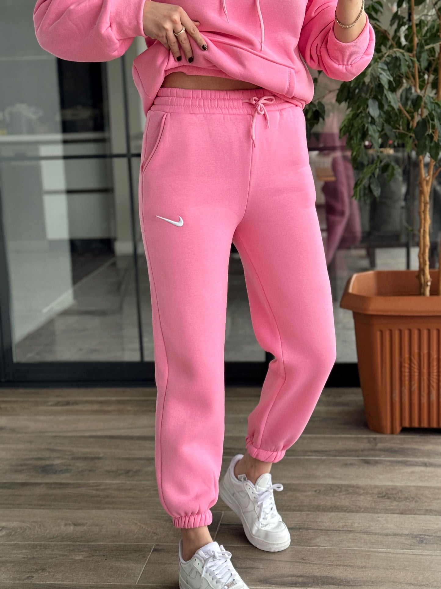 NK İşleme Paça Lastikli 3 İplik Şardonlu Eşofman Alt - TOZ PEMBE
