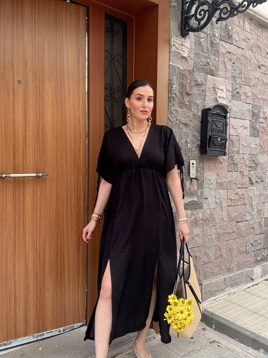 Ön arka v yaka keten elbise SİYAH