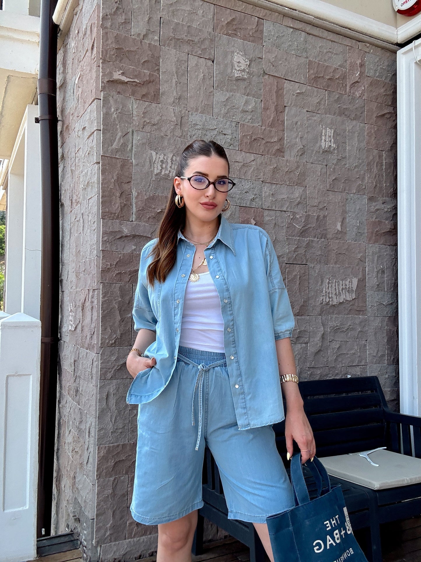 Şortlu oversize kot takım-AÇIK MAVİ