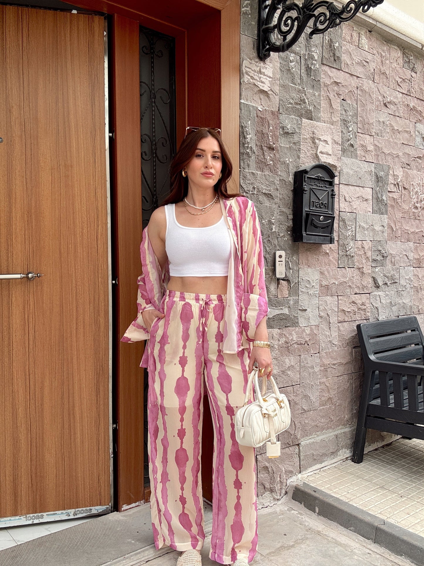 Desenli şifon içi astarlı ikili takım PEMBE