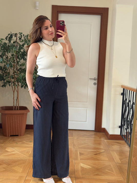 Bel bağcıklı çizgili pantolon-LACİVERT