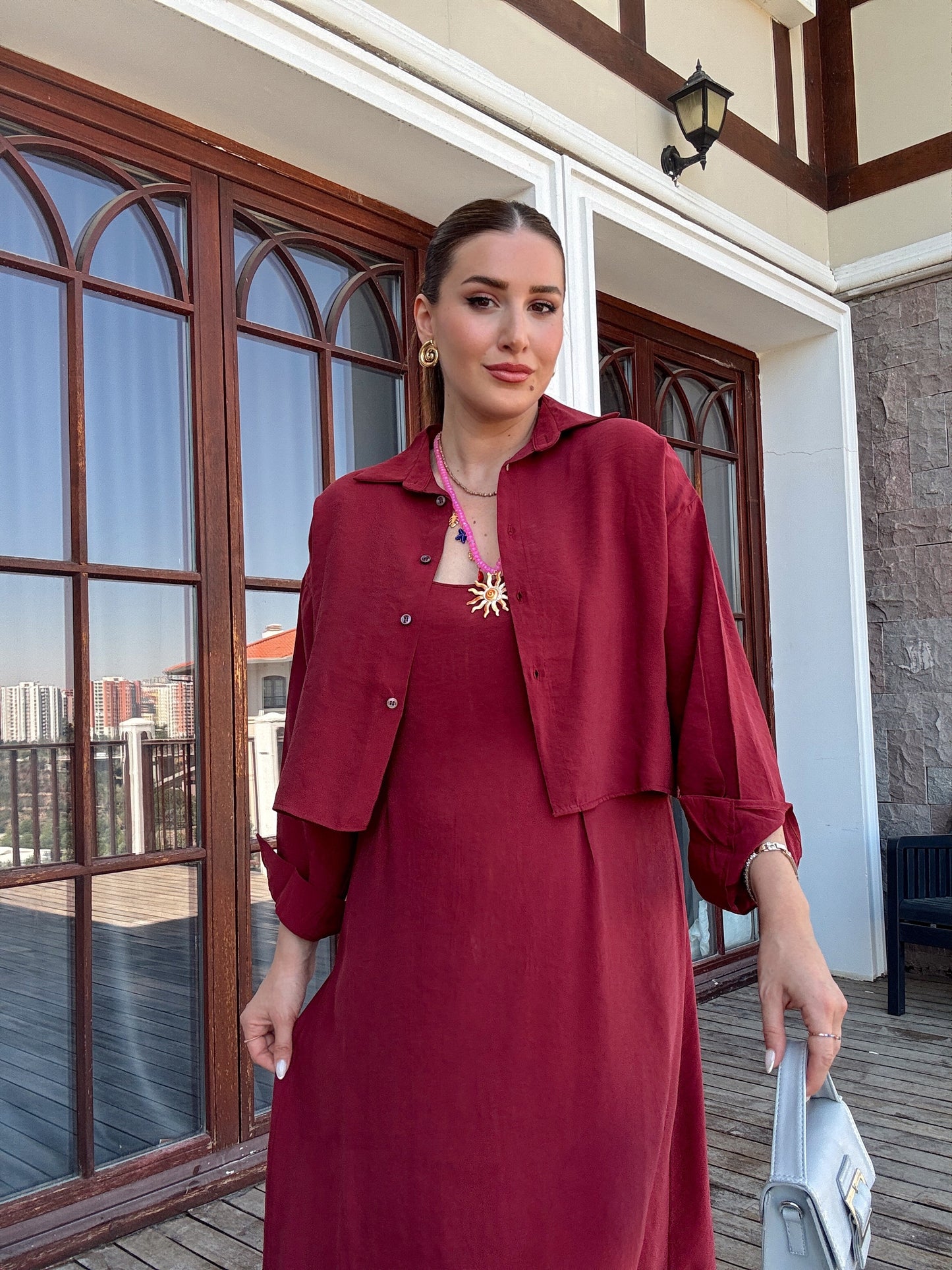 LİZBON gömlek elbiseli ikili takım BORDO