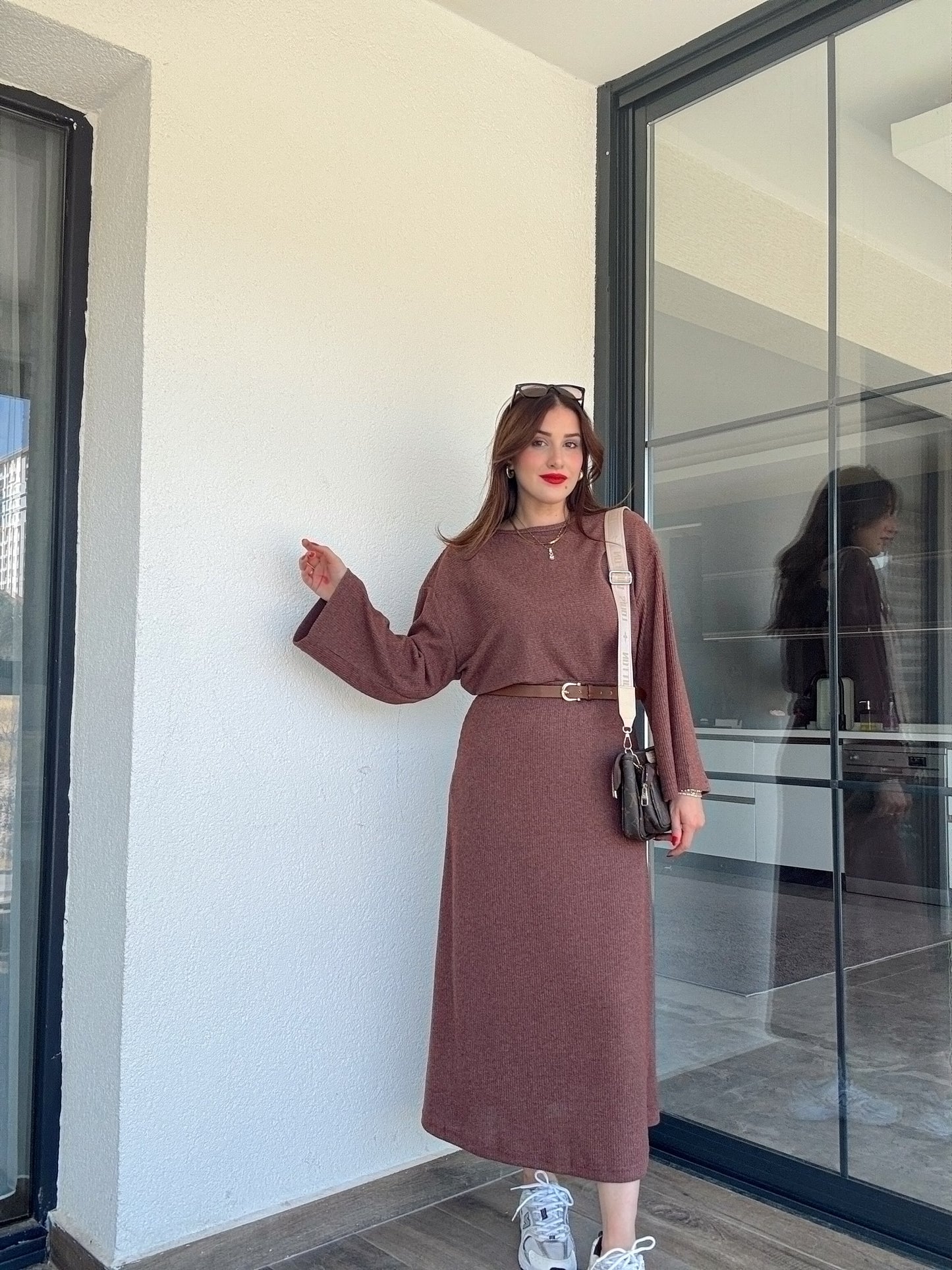 Fitilli uzun kol etekli takım Kahve