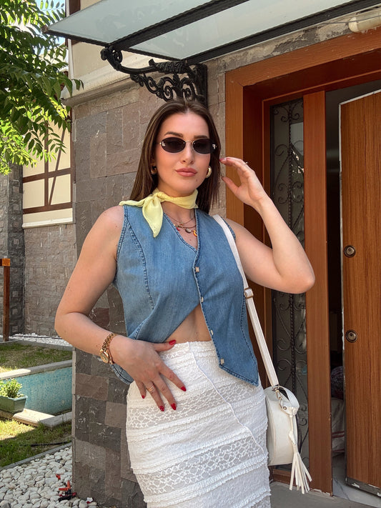 Düğme detaylı stone kot yelek-AÇIK MAVİ