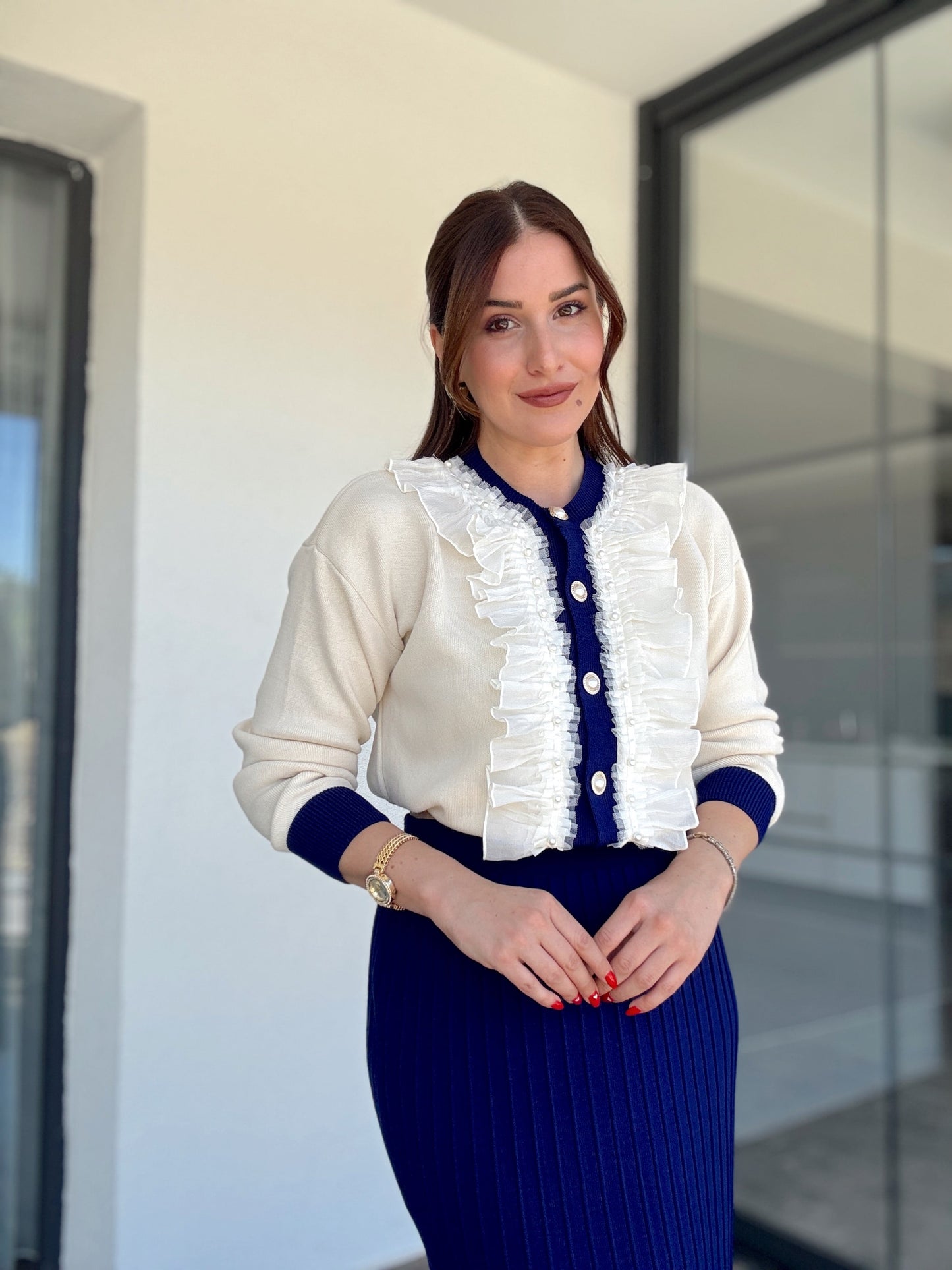 Manolya incili etekli ikili takım LACİVERT