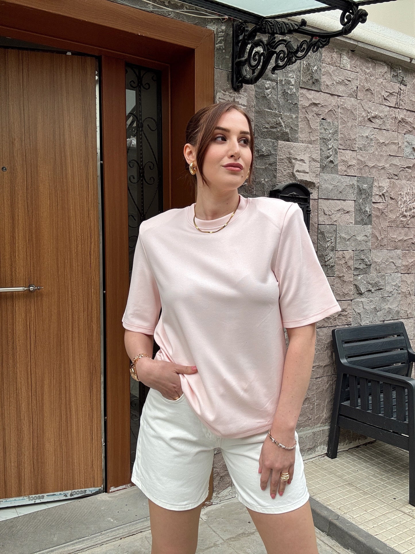 Vatkalı Pamuklu Basic Tişört PUDRA