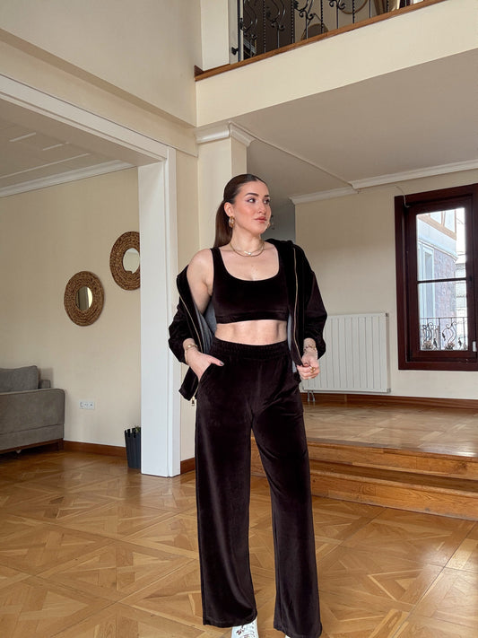 Üç Parça Kadife Takım-KAHVERENGİ