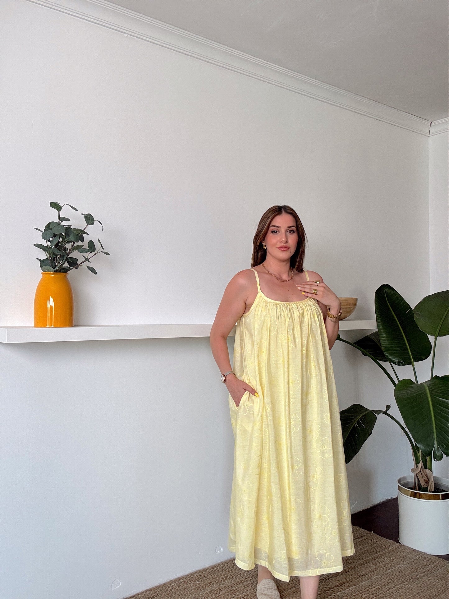 Askılı Astarlı Premium kumaş salaş elbise Sarı