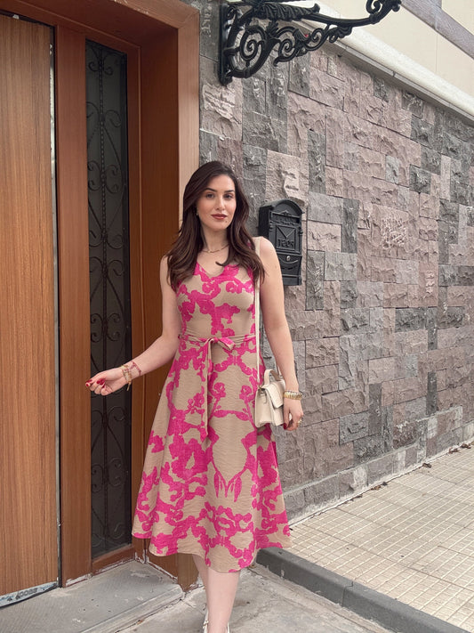 V yaka Kuşaklı Desenli Elbise CAMEL FUŞYA