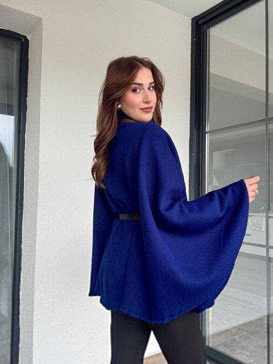 Kemerli düğmeli panço-Saks mavi