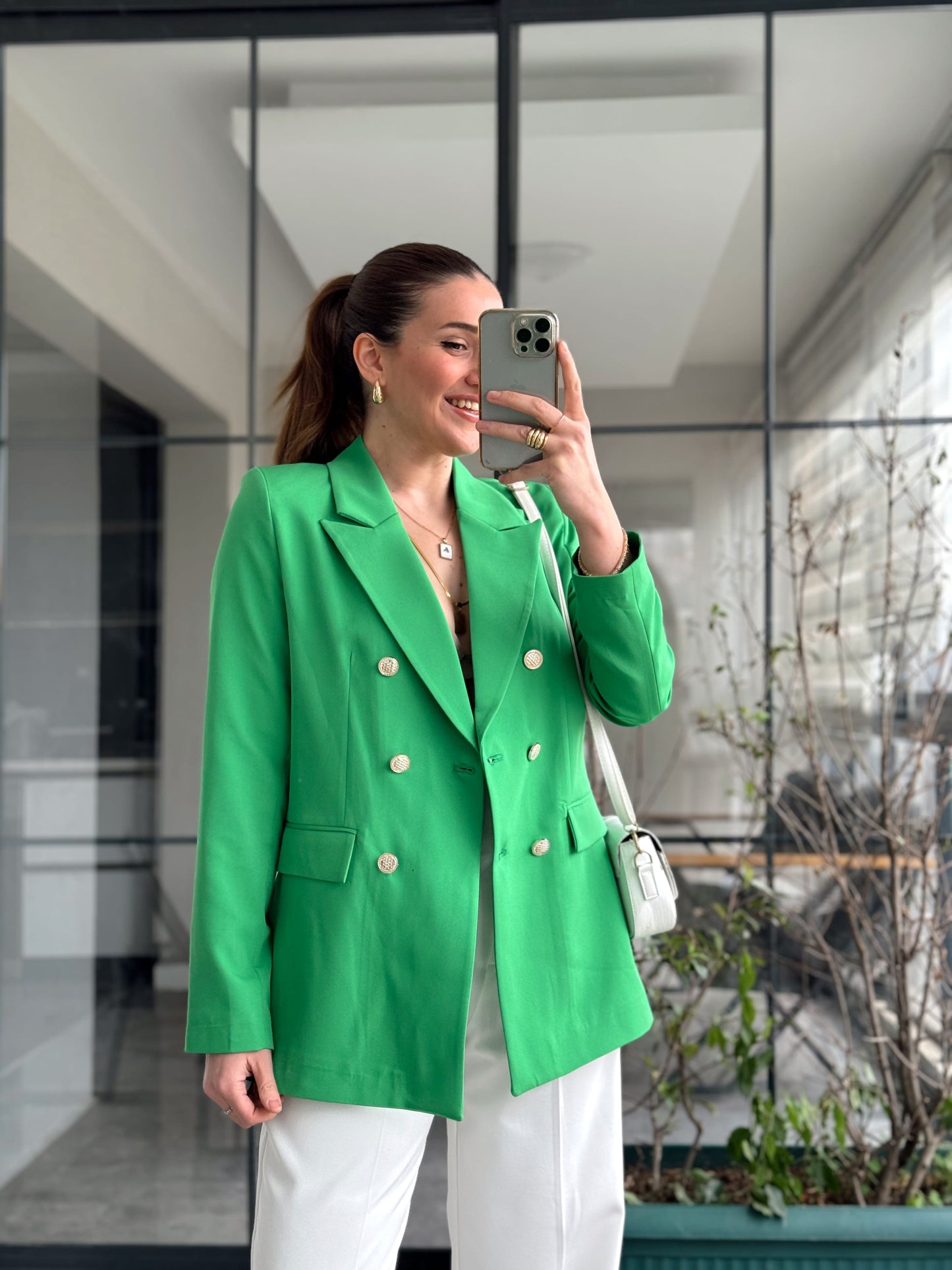 Gold Düğme Blazer Ceket - YEŞİL