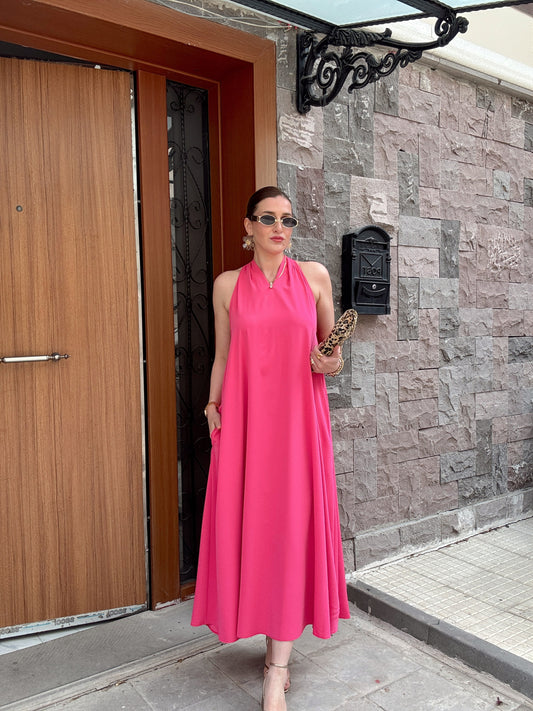 Sırt Dekolte Tensel Elbise Fuşya