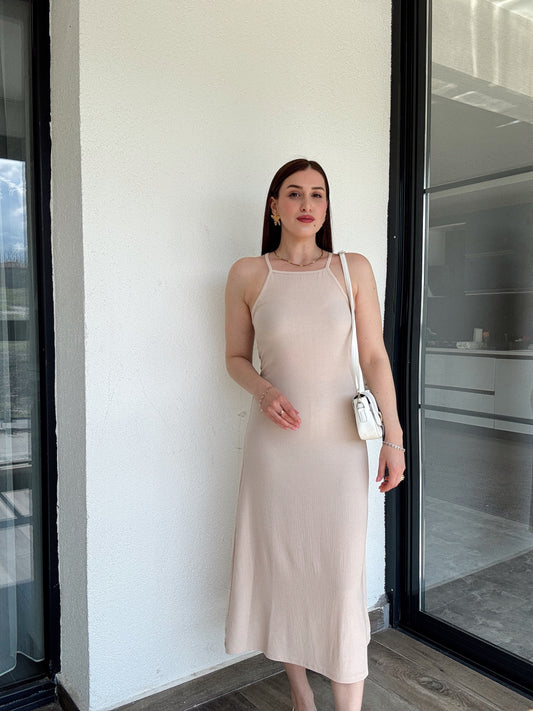 Askılı Okyanus Elbise Bej