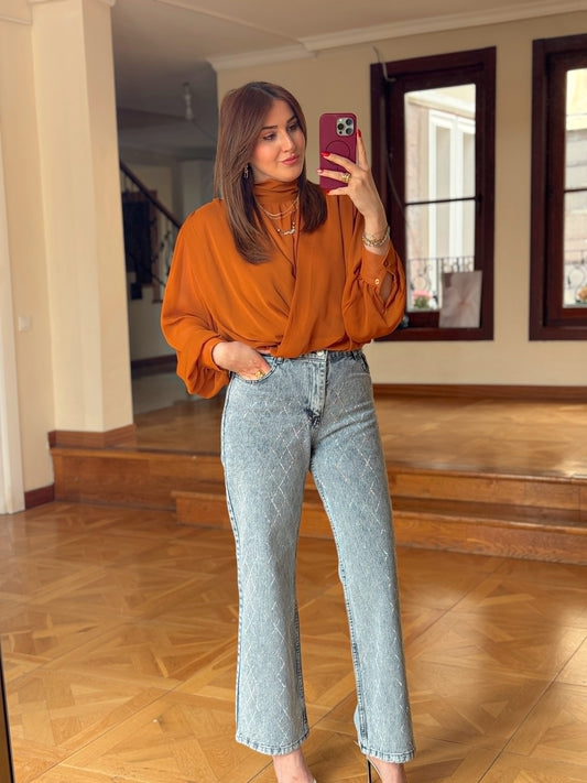 Kare taşlı gabardin kot pantolon-MAVİ