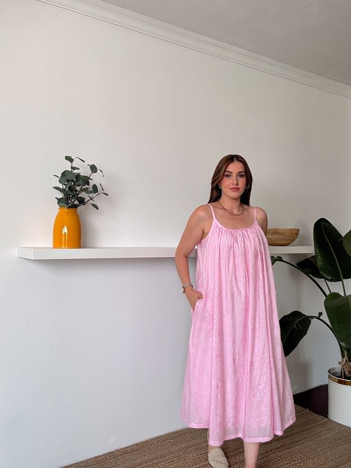 Askılı Astarlı Premium kumaş salaş elbise Pembe
