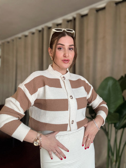 Kalın Çizgi Gold Düğme Hırka - CAMEL