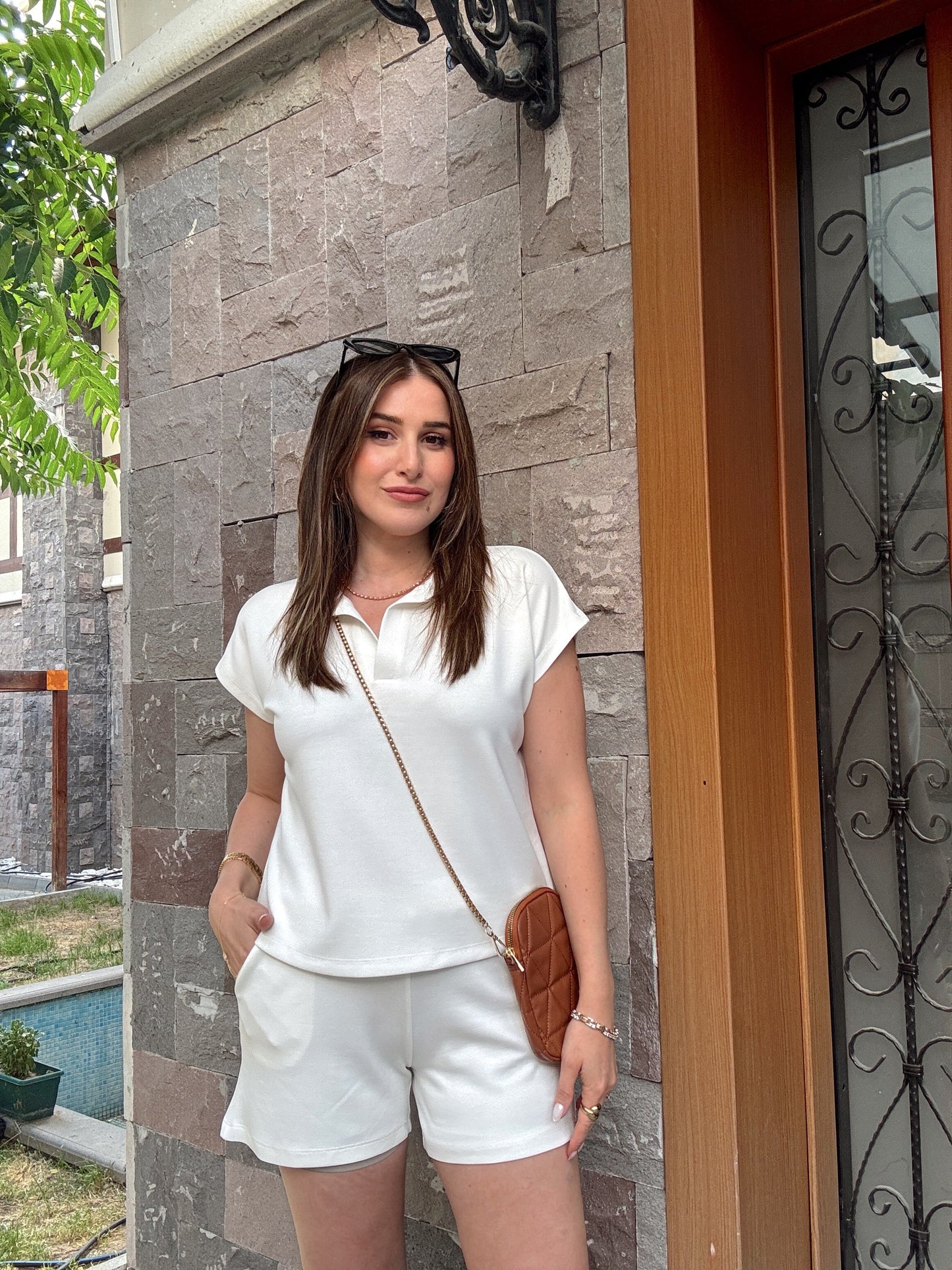 Polo yaka Modal Kumaş Şortlu Takım Ekru