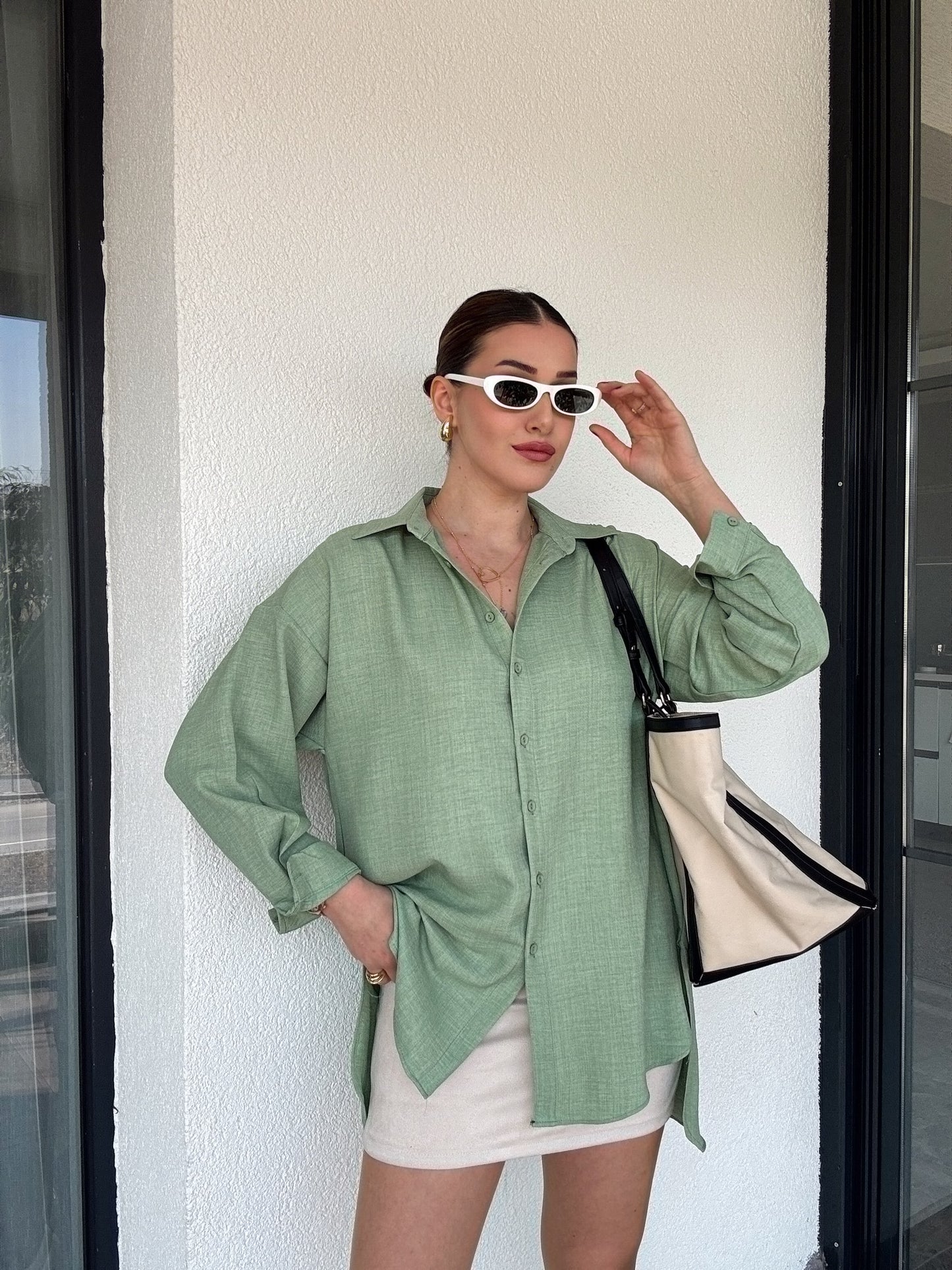 Arka Çift Pens Oversize Keten Gömlek YEŞİL