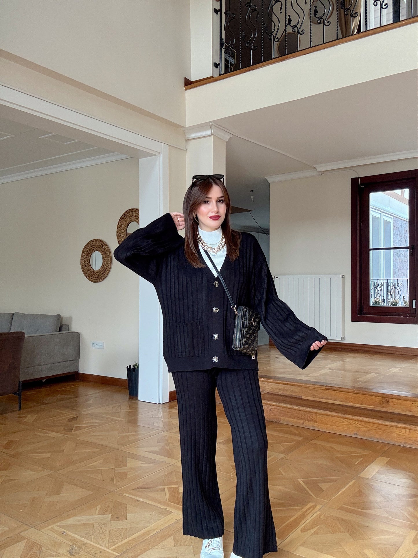 Düğmeli salaş triko takım Siyah
