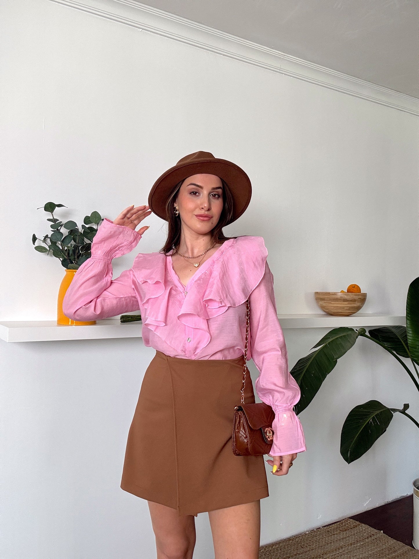 Fırfır Detaylı Aerobin Kumaş Gömlek Pembe
