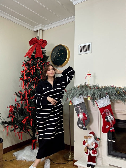 Fermuarlı çizgili triko elbise-SİYAH