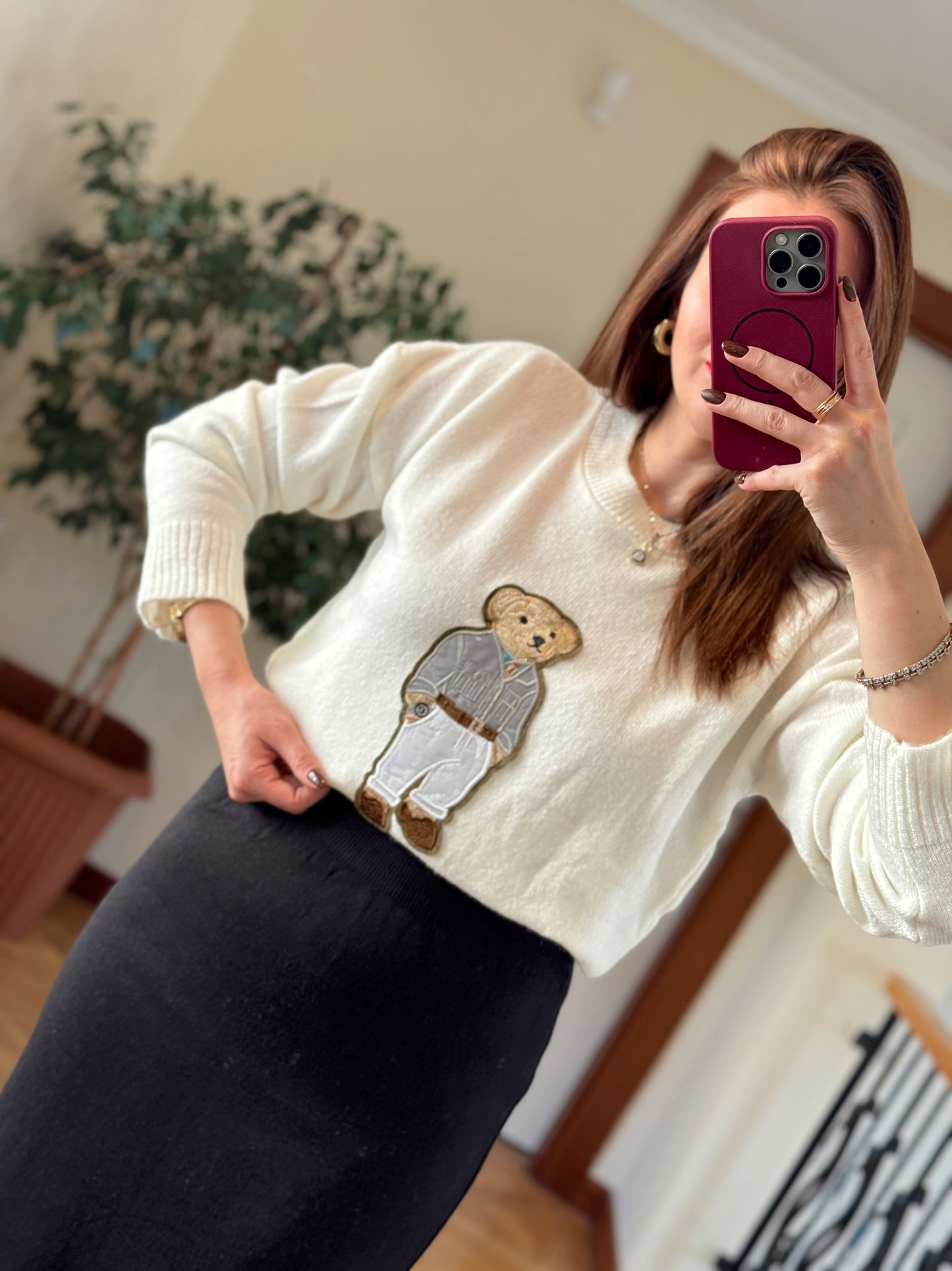 Ayıcık İşleme Yumoş Triko Kazak - EKRU-GRİ