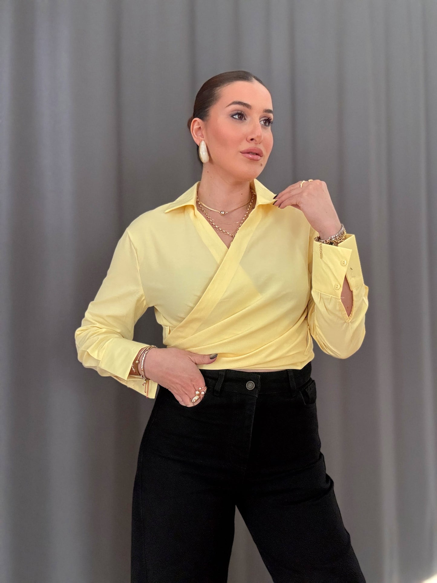 Poplin bağlamalı gömlek Sarı